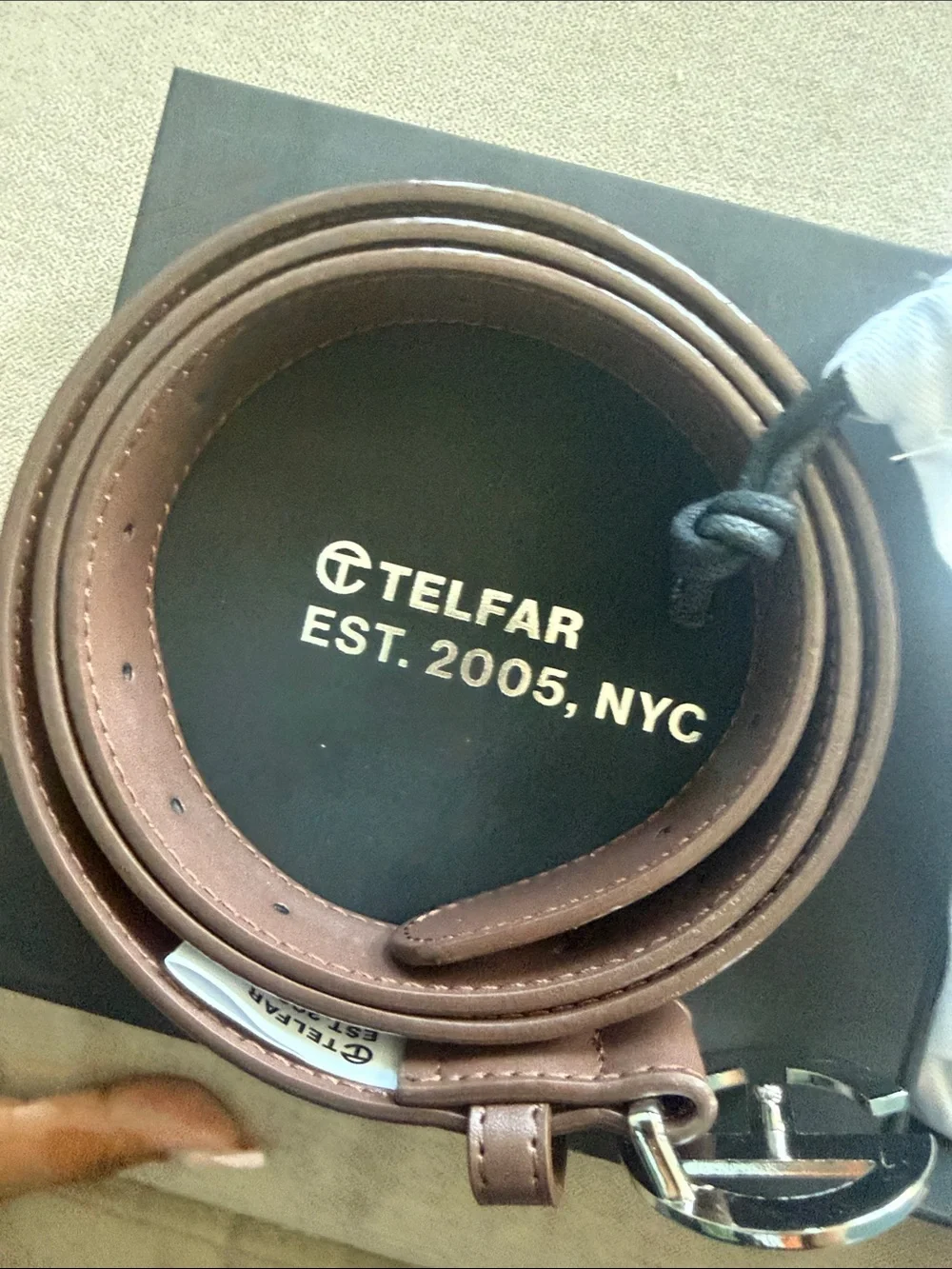 Telfar Brown Leather Belt with Silver Logo Buckle